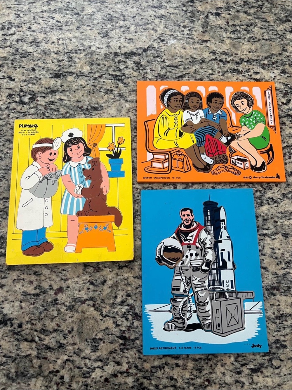 Vintage Wooden Tray Puzzles Judy Instructo and Playskool 1970s - 80s Set of 3